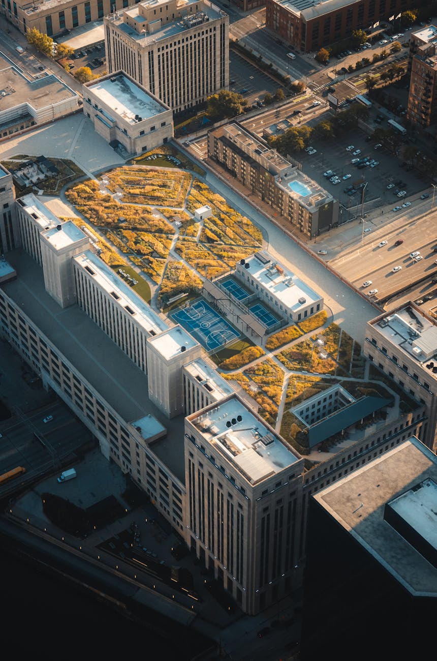 aerial view of urban rooftop garden in chicago